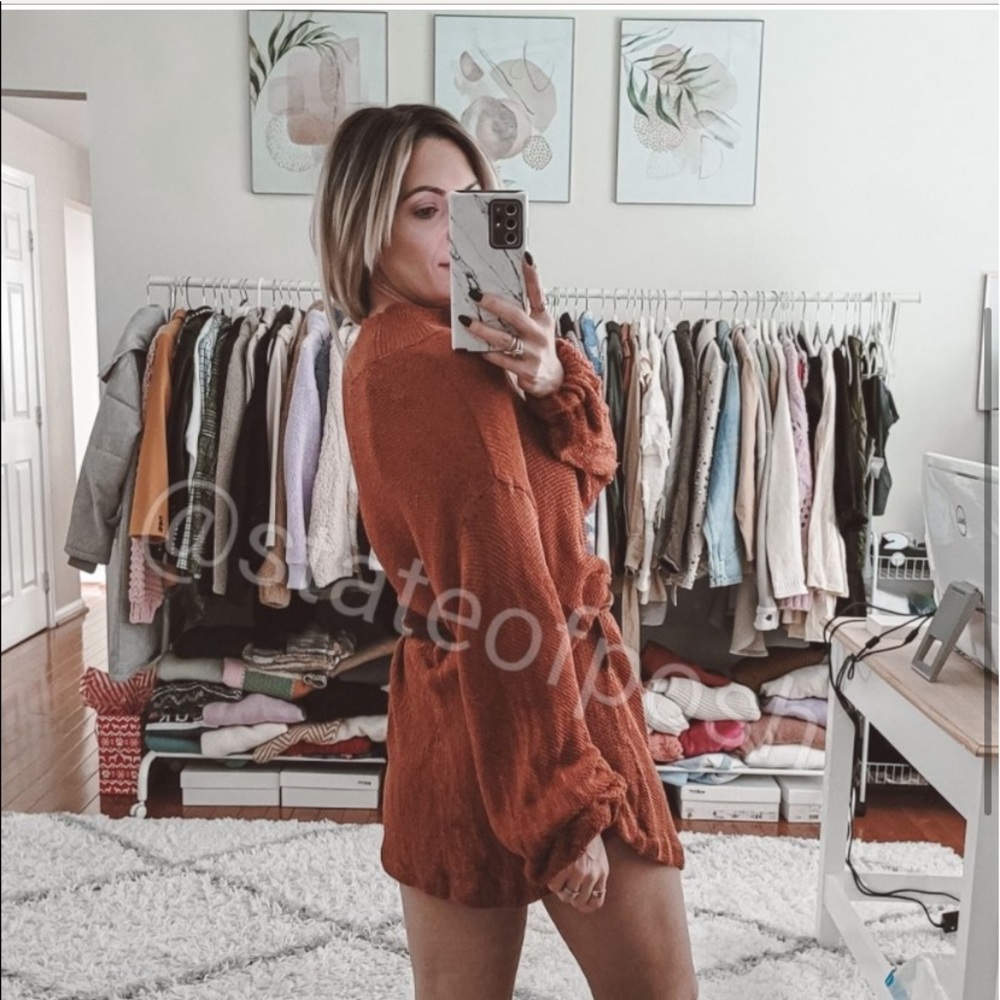 Free people brown wire knit mock neck belted mini dress tunic